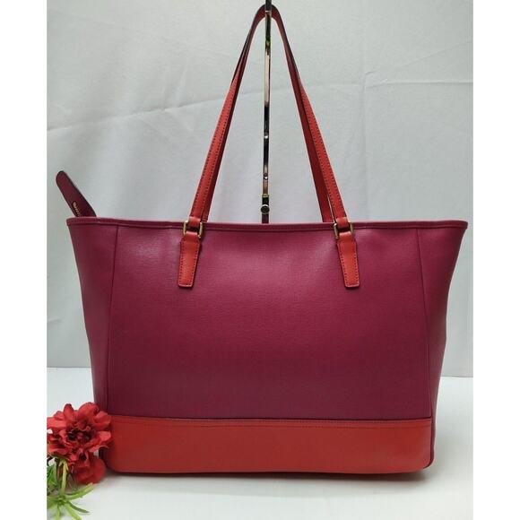 Coach City Tote Colorblock Red Magenta Leather Zipper Tote Shoulder Bag - Picture 2 of 13